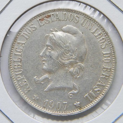 BRASIL large 1907 ''Order and Progress'' silver 2000 Reis, 20 gm; AU