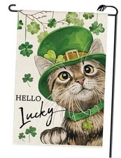 St Patricks Day Cat Garden Flag 12x18 Inch Small Burlap Green Shamrocks green