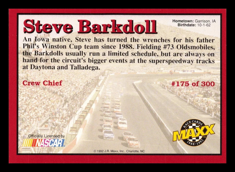 1992 Maxx (Red) #175 Steve Barkdoll - Image 2 of 2