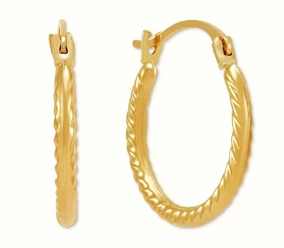 10k Gold Round Hoop Earrings Petite 15 mm Ribbed Pattern Stamped NEW in BOX - Image 4 of 4