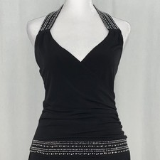 Caren Desiree Black Halter Rhinestone Handkerchief Hem Dress Size M Witchy