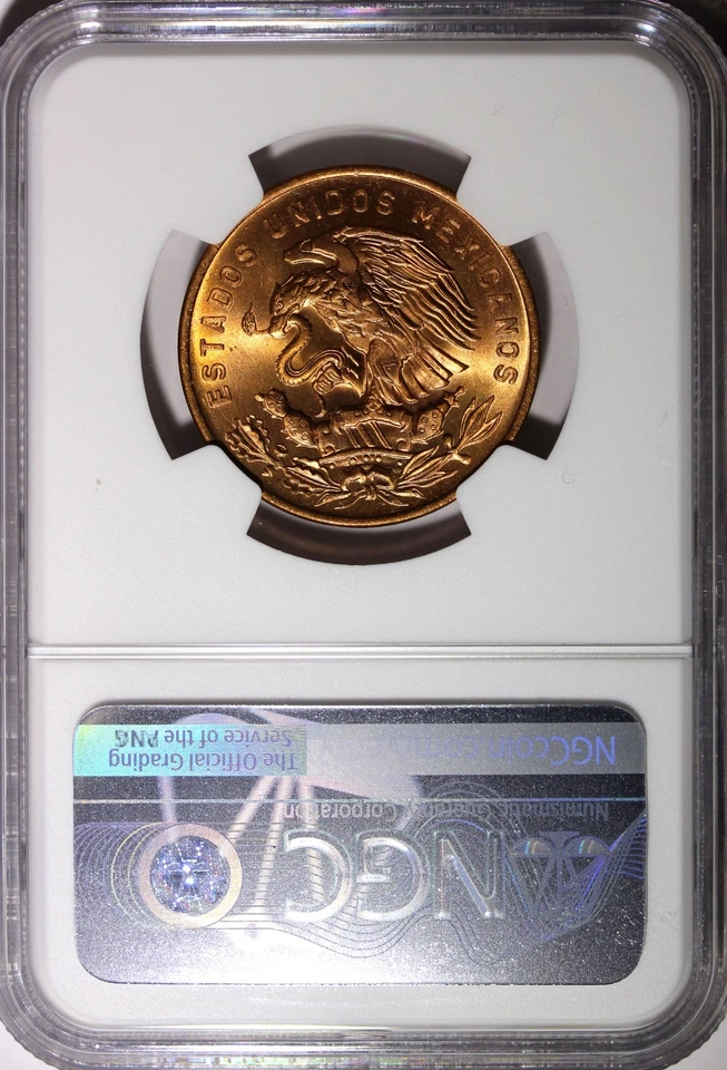 MÉXICO Bronce 1960 Mo 20 Centavos NGC MS66 RD BONITO ROJO COMPLETO BU KM# 440 (007) Foto 3 de 4