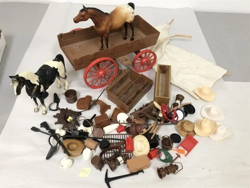 1960s MARX AND OTHER COWBOY WESTERN ACCESSORIES WITH WAGON SET LOT #97