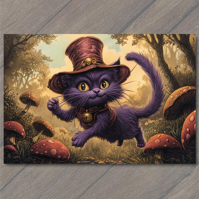 STICKER Purple Cat Bell Hat Mushrooms Fantasy Forest Cute Halloween Vibe
