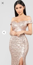 Fashion Nova Rose Gold Sequin Maxi Dress Off Shoulder Short Sleeve Side Slit M