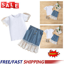 2Pcs Newborn Baby Girls Short-sleeved Top Denim Lace Patch Skirt Clothes Suit