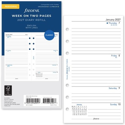 2027 Filofax Personal Size Refill 27-68418, Week on Two Pages, 95mm x 171mm