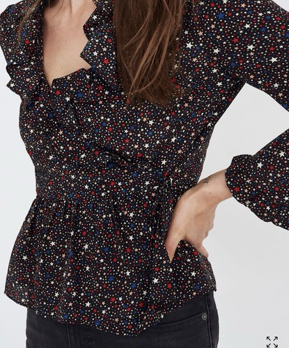 Madewell, Madewell Women’s Size Medium Silk Ruffle Hem Wrap Top Starry Night Blouse Black