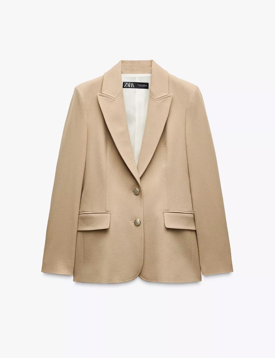 Zara Women's Fitted Blazer With Shoulder Pads Camel Size L Ref