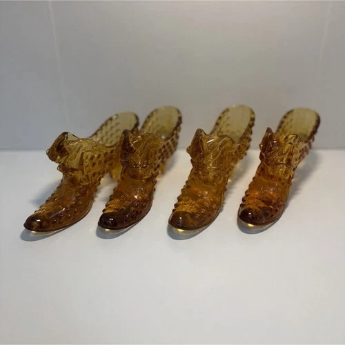 Vintage Fenton Art Glass Amber Shoe with Car Head Daisy and Button Pattern 4 Lot