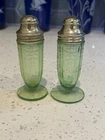RARE Federal Green Madrid FOOTED Salt & Pepper Shakers Uranium Depression Glass