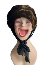 Vintage Hat Womens Faux-Fur Side Flowers Plush Thick Brown Black Fabric Ties
