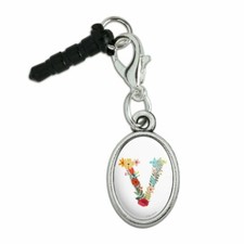 Letter V Floral Monogram Initial Mobile Cell Phone Headphone Jack Oval Charm
