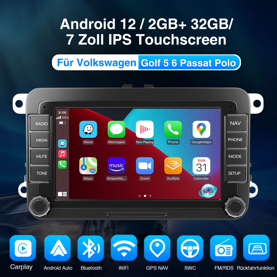 Für VW GOLF 5 6 Plus Touran Polo Caddy EOS 7" Android 12 Autoradio GPS + Kamera  - Bild 2 von 4