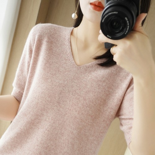 Damen-Strickpullover Pullover Tops kurzärmelig einfarbig lässig V-Ausschnitt weich Basic - Bild 21 von 33