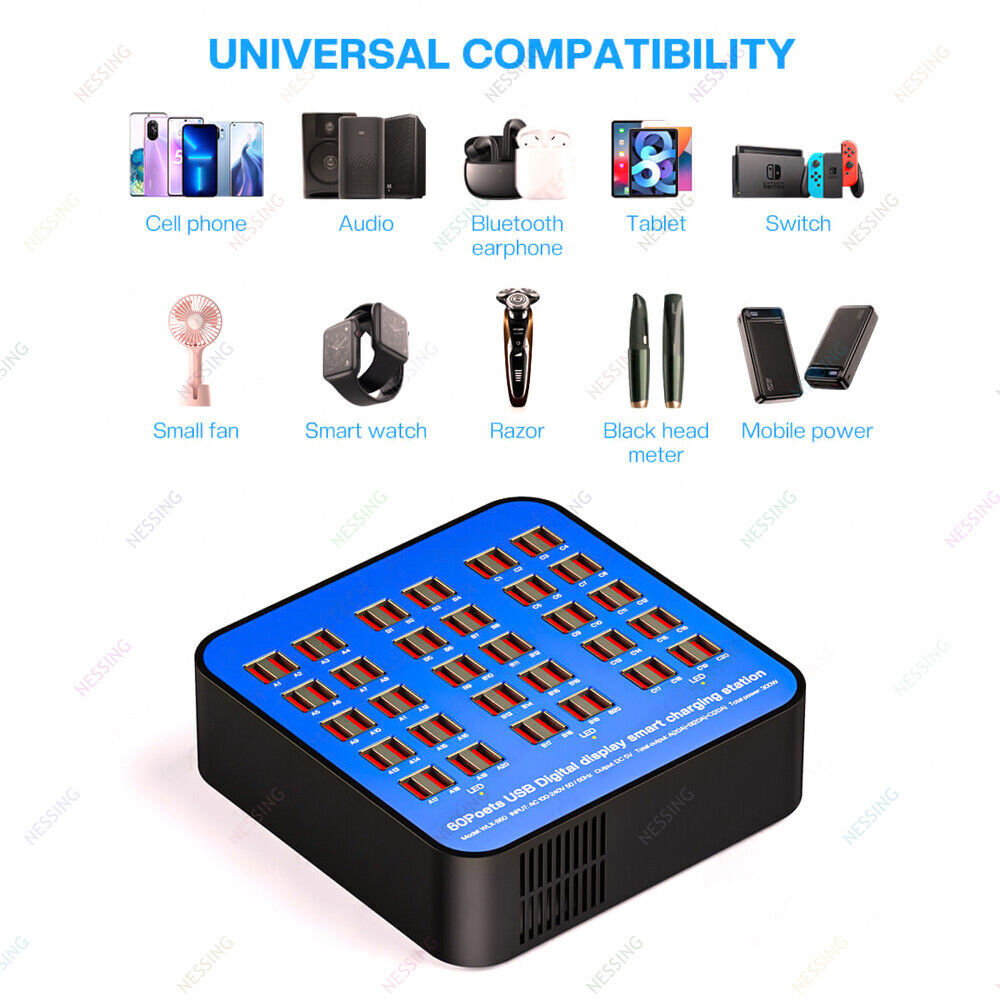 60-Port 300W Fast USB Hub Charger for Phones and Devices