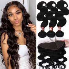 300g Peruvian Virgin Human Hair Weave 3Bundles with 13 4 Lace Frontal Closure US