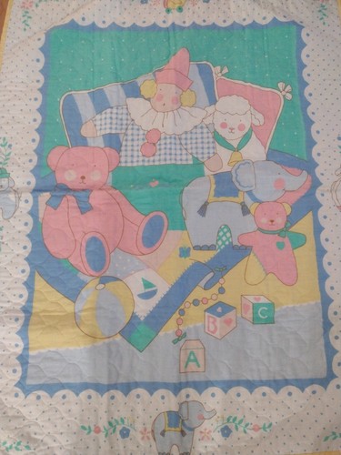 Vintage Babydecke Bettdecke Decke Clown Lamm Elefant Teddy Hund Pastelltöne - Bild 2 von 13