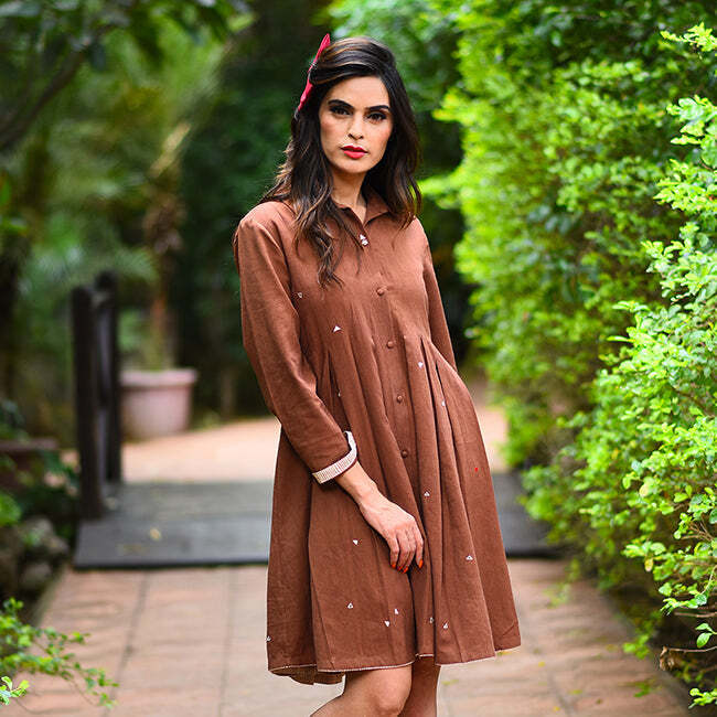 khadi cotton dress for women India Brown Embroidered Cotton Khadi Shirt Dress