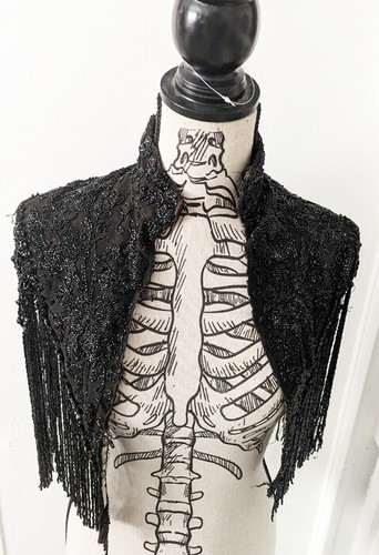 Vintage Victorian Mourning Funeral Black Glass Beaded Mantle Capelet C-BM100 - Picture 3 of 9