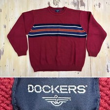 DOCKERS - Dark Red Chest Stripe Cotton Crewneck Retro 90s Sweater, Mens XL