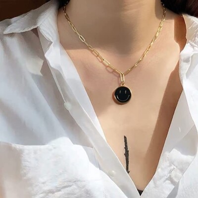 Black Smiley Face Paperclip Necklaces, Gold Chain - Positive Happy