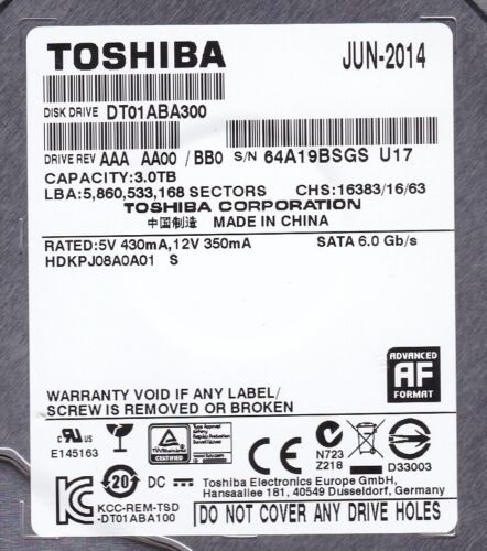 DT01ABA300 / HDKPJ08A0A01 S Rev AAA AA00/BB0 3TB SATA 3.5" JUN-2014 TOSHIBA - Picture 3 of 6