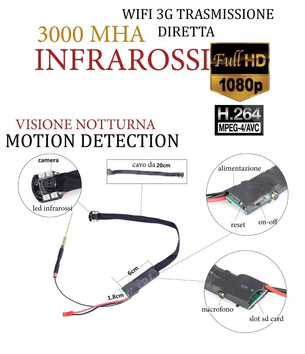 Spy Cam WiFi Professionale HD con SD 32GB e Sensore Movimento PIR