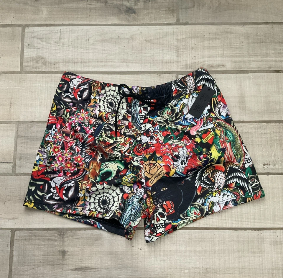 Pantalones Cortos Ed Hardy Para Hombres Malla Collage Gimnasio Tatuaje Rock Punk Calavera Diseñador Medianos Foto 2 de 4