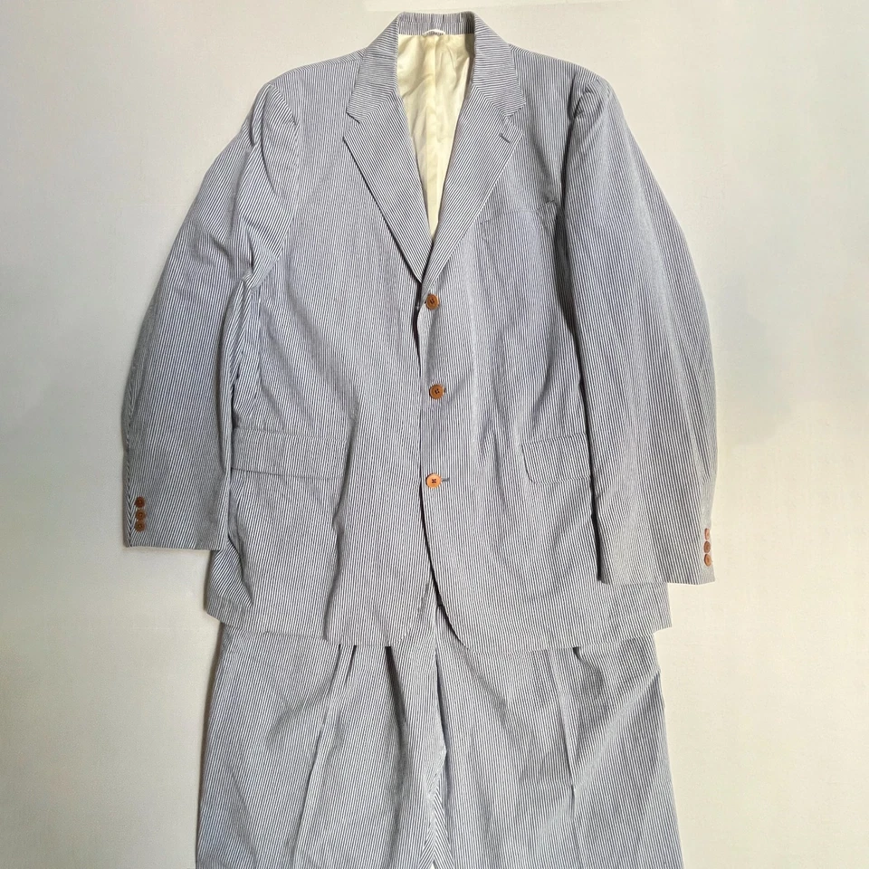 J Crew Oarsman 泡泡纱套装男式 44L 蓝色条纹夹克 34x32 裤子复古 — 第 3/4 张图片