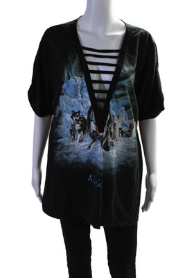 Furst of a Kind Womens Abstract Print Lace Up V Neck Tee Shirt Black Size Large