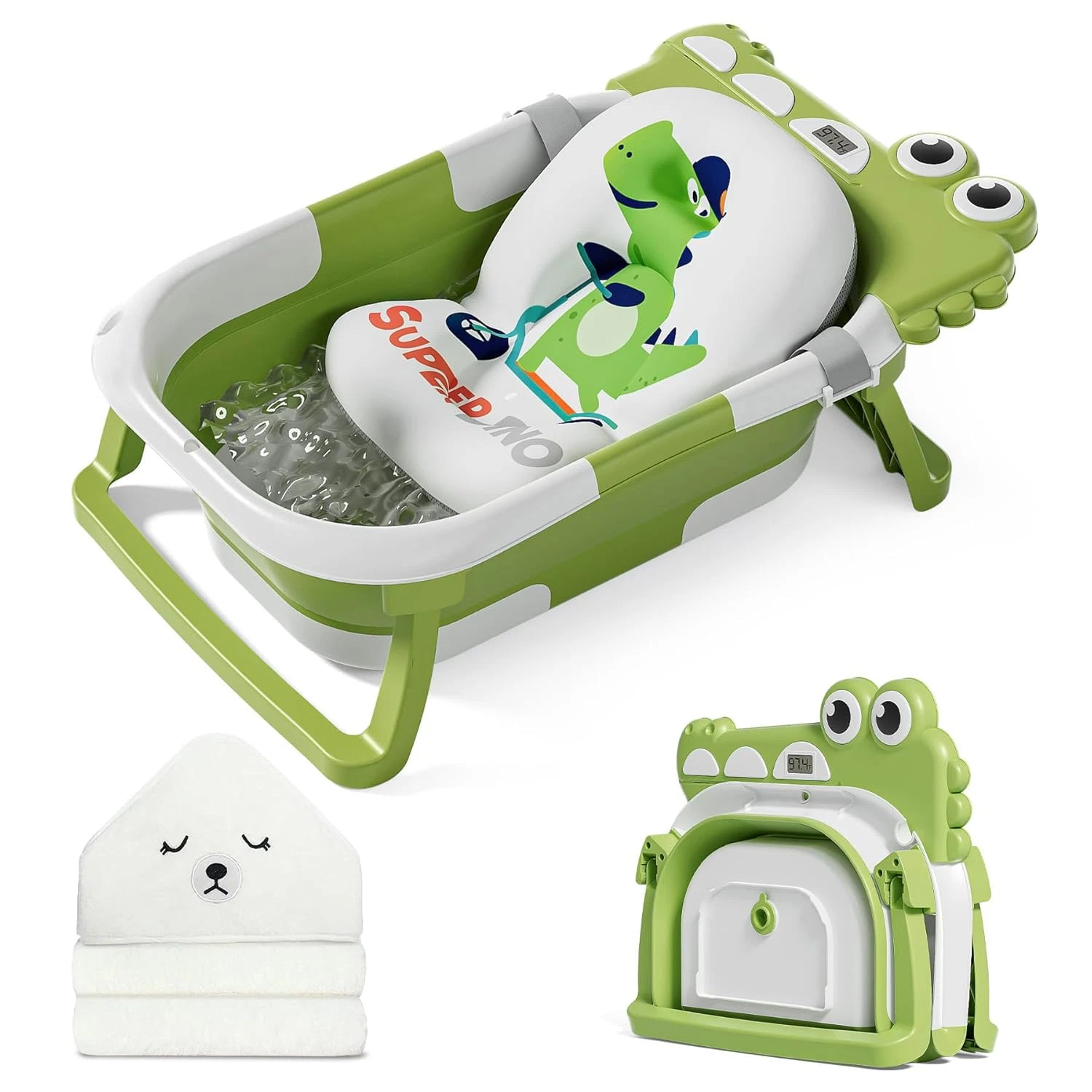 Collapsible Baby Bathtub for Newborn with Thermometer & 1 Hooded Towel & Cushion