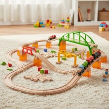 110-Piece Wooden Train Tracks Expansion Pack with Bridges  Tunnels for Kids