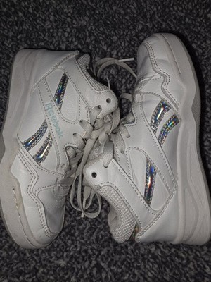 Reebok Girls White Silver High Top Sneaker Lace Up Holographic Logo 12K