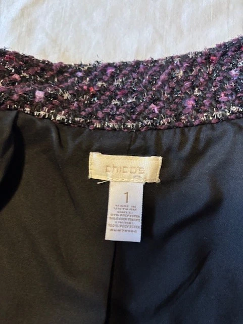 Chaqueta Blazer Chico's Para Mujer Frente Abierto Forrada Talla 1 (6) Rosa Púrpura Plata Foto 3 de 4