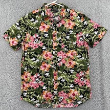 Disney Mickey Mouse Hawaiian Shirt Mens Medium Green Floral Tropical Button Up