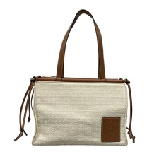 Auth LOEWE Cushion Tote Anagram Small Cream Brown Jacquard Leather - Tote Bag