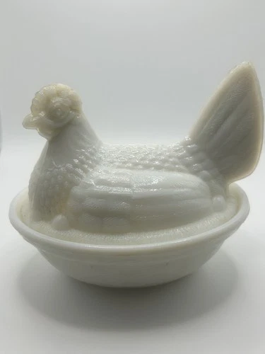 MILK GLASS Hen on a  Nest Covered Dish 5" Chicken Basket Cracked - See Notes