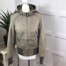Ladies Hallhuber Leather Jacket Chest 38in With Detachable Hood In Grey Green