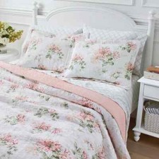 NEW COZY COTTAGE CHIC ELEGANT SOFT WHITE SAGE GREEN PINK FLORAL LEAF QUILT SET