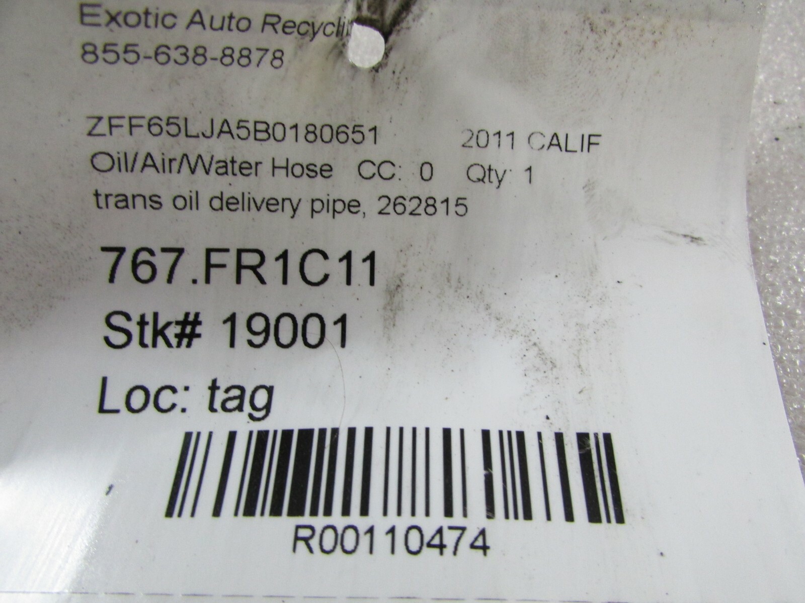 Ferrari California, Transmission Oil Delivery Pipe, Used, P/N 262815