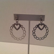 Silver Tone Heart Clear Rhinestone Circle Pierced Earrings 2"