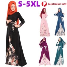 Women Muslim Dubai Abaya Robe Floral Print Islamic Kaftan Long Sleeve Maxi Dress