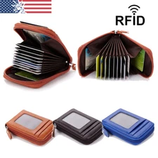 Genuine Leather Men Wallet Credit Card Holder RFID Blocking Zipper Pocket Thin