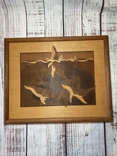 HUDSON RIVER INLAY PICTURE - HUMPBACK WHALES - WOOD MARQUETRY - 13”X 16”