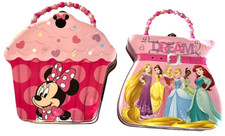 Disney Tin Lunch Box Purse Lot Of 2 Beaded Handle Pink Princesses Minnie Mouse