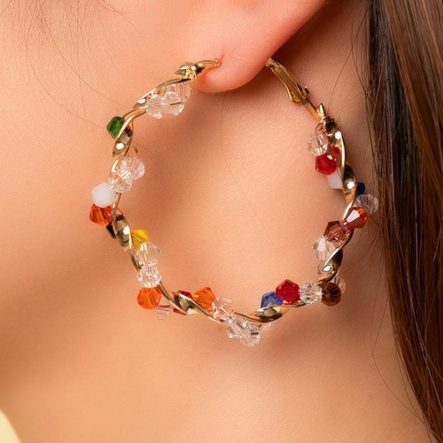 Colorful Crystal Hoop Earrings for Women Boho Big Round Statement Party Jewelry - Picture 8 of 24