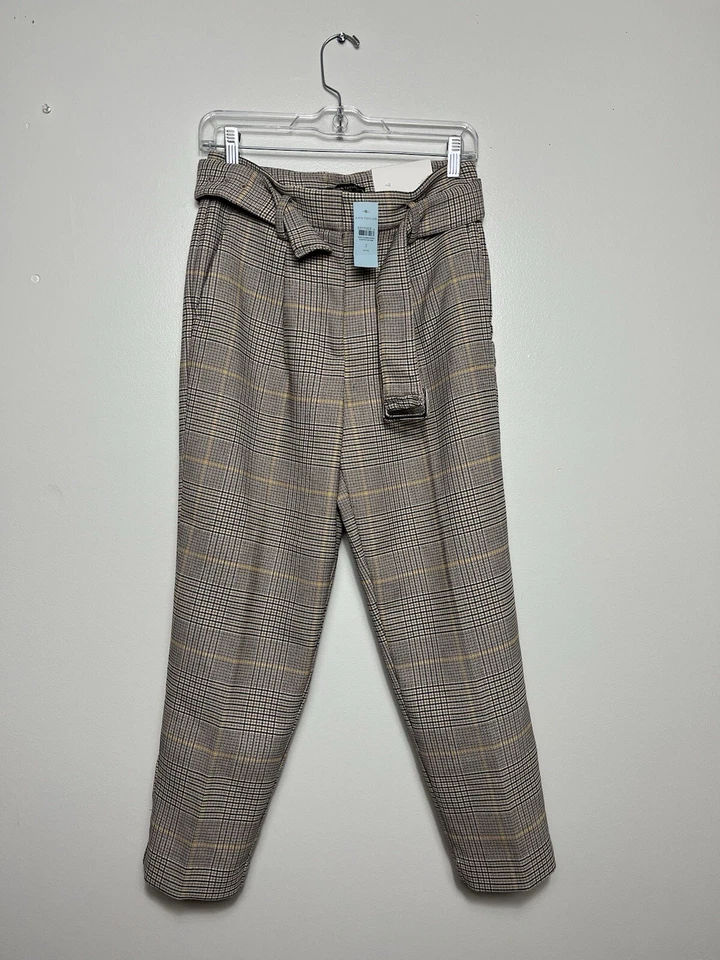 Ann Taylor The Belted Taper Pants Size 2P High Rise Plaid Beige Multi NEW - Image 2 of 4