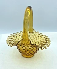 Vintage Fenton Hobnail Amber Gold Basket Ruffled Rim Tall Art Glass