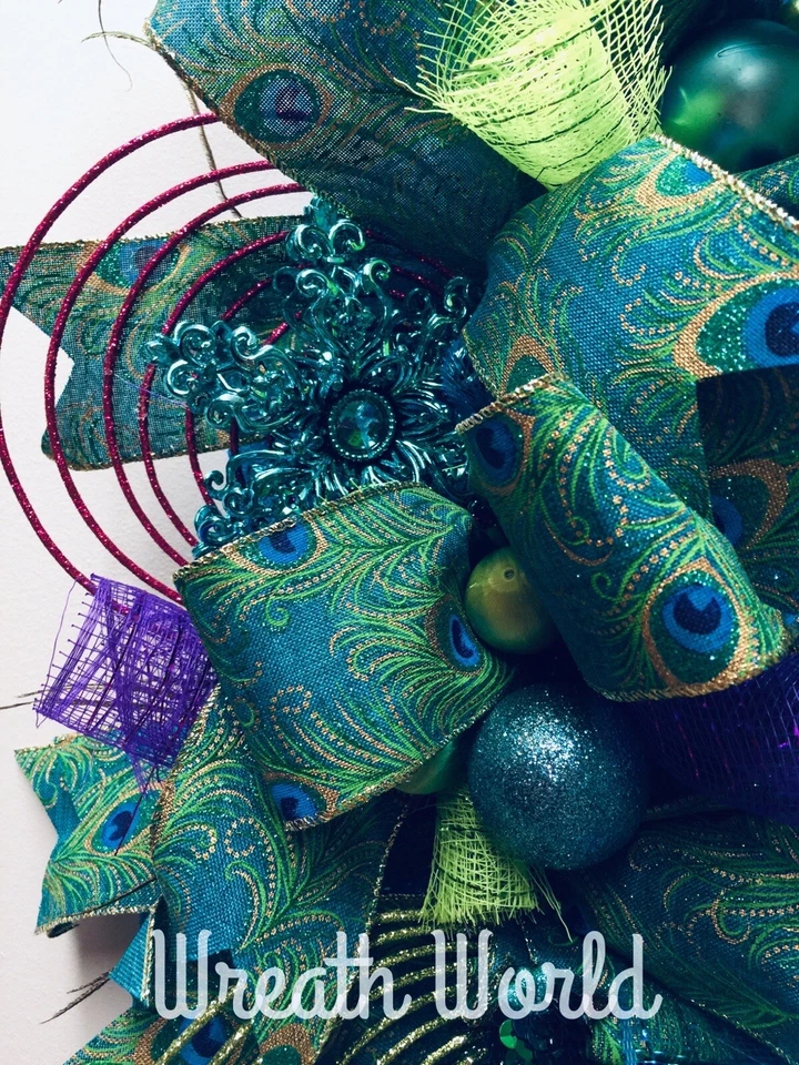 TURQUOISE PEACOCK WREATH 28”x39”!  NEW HANDMADE LARGE - Image 4 of 4